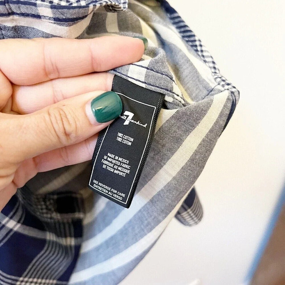 7 for All Mankind Mens Navy Blue Plaid Button Shirt XL Long Sleeve Cotton Collar - Picture 3 of 7